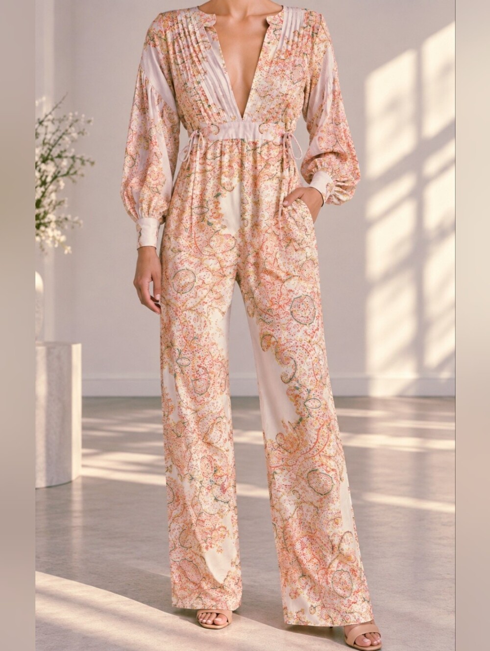 Free People Cream Paisley V-Neck Wide-Leg Jumpsuit